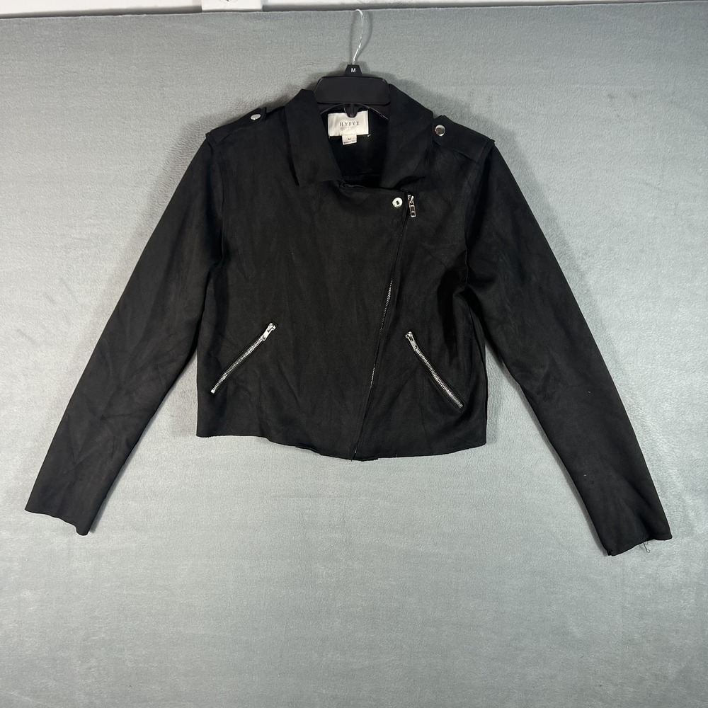HYFVE Women's Black Faux Suede Asymmetrical Zip Moto Jacket Size M Cropped